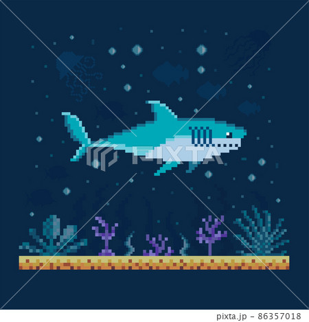 Pixel Art Shark Sails over Seabed Landscape 86357018