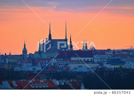 Brno city in the Czech Republic. Europe.Petrov - Cathedral of Saints Peter and Paul. Beautiful old architecture and a popular tourist destination. Landscape in sunset. 86357043