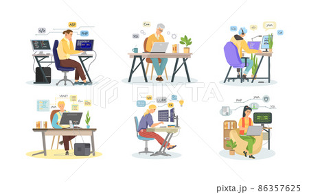 Programmer engineering and coding. Programmer working on web development on computers 86357625