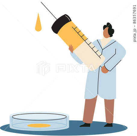 Scientist conducts researches, virology in lab, holding vaccine, syringe and wearing medical suit Scientist conducts researches, virology in lab, holding vaccine, syringe and wearing medical suit 86357691