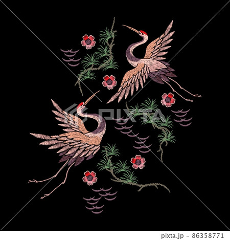 Crane embroidery. Bird heron, japanese cranes and oriental floral elements. Asian ornament silk stitch. Japanese design patch, nowaday vector pattern 86358771