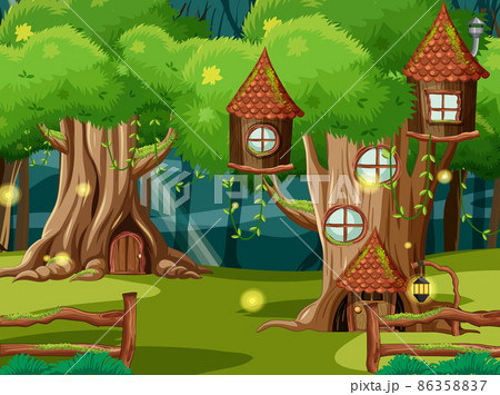 Fantasy Forest Background With Tree Housesのイラスト素材