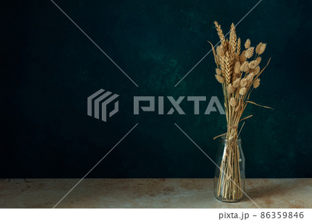 Minimalistic bouquet of beautiful dried flowers on dark background. Minimalistic bouquet of beautiful dried flowers on dark background. 86359846