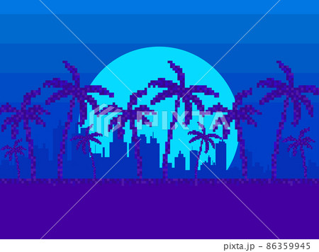 Night cityscape with palm trees in 80s pixel art style. Pixel palm trees against the backdrop of the city and the full moon. 8-bit synthwave and retrowave. Retro 8-bit video game. Vector illustration 86359945