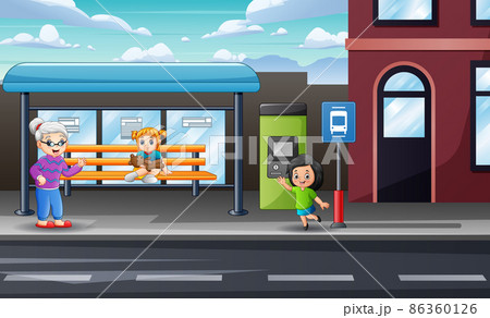 Happy people at the bus stop illustration 86360126