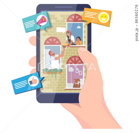 Communication with neighbors online, flat vector illustration. Neighbor home chat app. 86360276