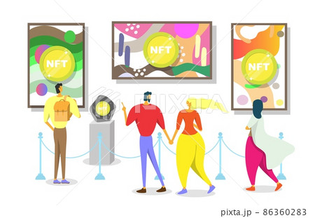 Non fungible token. Metaverse NFT crypto art gallery, digital art market, blockchain technology, vector illustration. 86360283