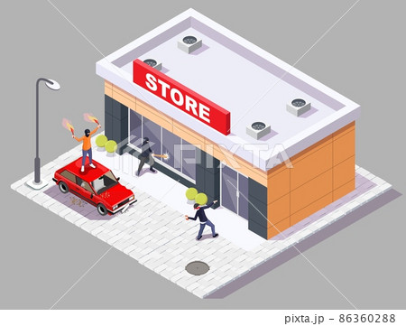 Street hooligans, burglars, vandals damaging store showcase and car, vector isometric illustration. Vandalism, looting. 86360288