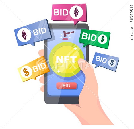 NFT crypto art auction, vector illustration. Non fungible token. Digital art marketplace. Online mobile bidding. NFT crypto art auction, vector illustration. Non fungible token. Digital art marketplace. Online mobile bidding. 86360317