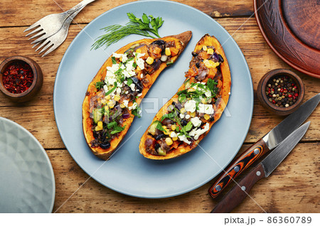 Sweet potato or yam baked with vegetables. Sweet potato or yam baked with vegetables. 86360789