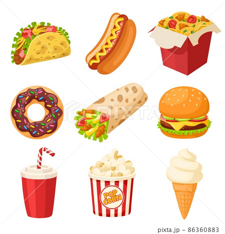 Fast food cartoon. Burger, sandwich, fresh wrap... - Stock Illustration  [86360883] - PIXTA