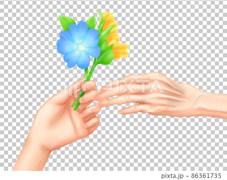 老人左手（孫子和祖母）從孩子的左手接受鮮花 86361735