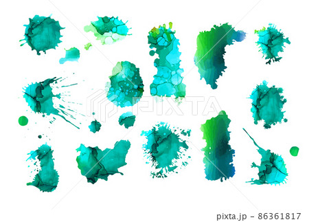 Multi-colored spray of mud, droplets of mucus, blots. For packaging, brochures, design. A set of multi-colored emerald blots. Alcohol ink. Vector illustration 86361817