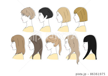 女性の髪型 横顔 ヘアカタログ カラーのイラスト素材