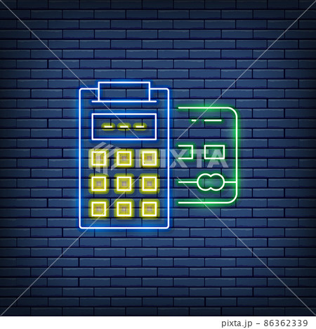 Vector POS credit card, banking terminal, payments methods neon sign. Vector POS credit card, banking terminal, payments methods neon sign. 86362339