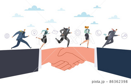 Business connections. Profitable cooperation. People running to goal together, handshake. Colleagues or working team partnership and collaboration vector cartoon flat style isolated concept 86362398