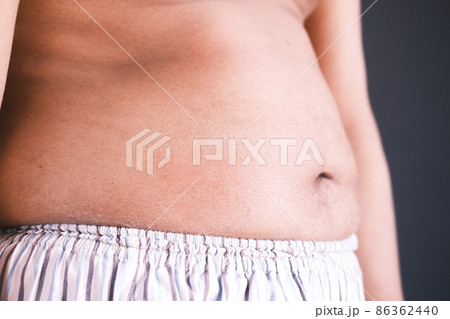 fat man with a big belly against yellow background  86362440