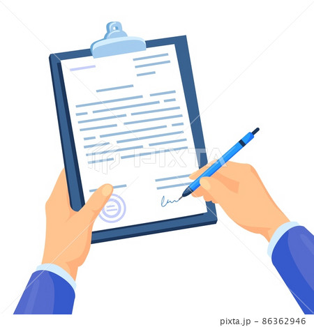 Lawyer signing certification. Contract signature, hand with pen sign paper document, symbol job certificate or legal agreement, cartoon vector illustration 86362946
