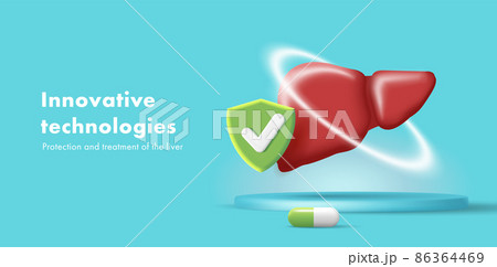 3d illustration of healthy human liver in protective circle with shield icon and pill 86364469