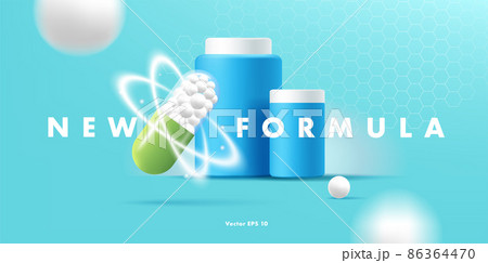 web banner with drug medicine bottles and pill, new formula promo, blue plastic bottles and background with molecules 86364470