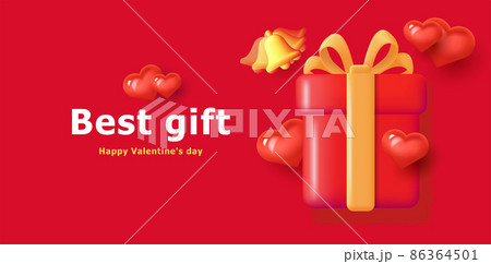 Best Valentine gift banner with 3d gift box illustration with volume hearts and ringing bell Best Valentine gift banner with 3d gift box illustration with volume hearts and ringing bell 86364501