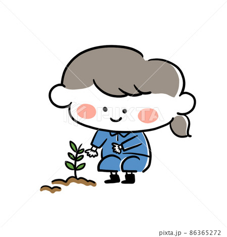 木を植える女性の手描きイラスト素材のイラスト素材