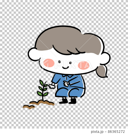 木を植える女性の手描きイラスト素材のイラスト素材