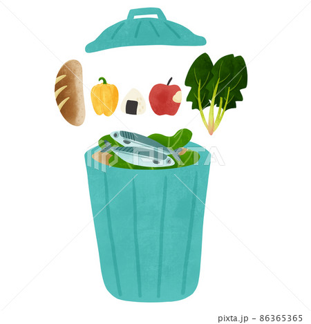 食品ロス ゴミ箱と捨てられる食材の手描きイラストのイラスト素材