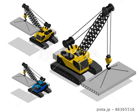 Isometric Heavy crane for moving heavy loads on construction site. Industrial machinery and equipment. Realistic 3D Vector Isolated on white back Isometric Heavy crane for moving heavy loads on construction site. Industrial machinery and equipment. Realistic 3D Vector Isolated on white back 86365516