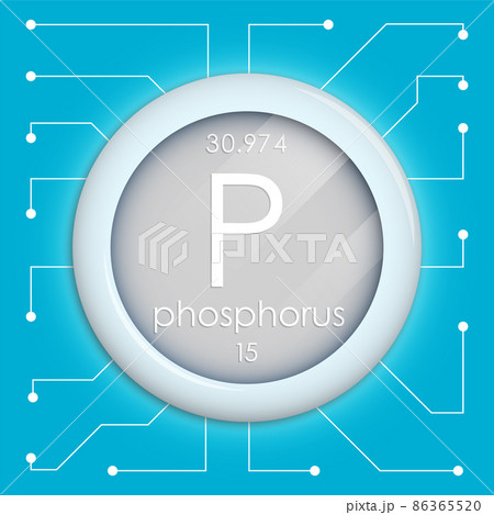 Realistic button with phosphorus symbol. Chemical element is phosphorus. Vector isolated on white background 86365520