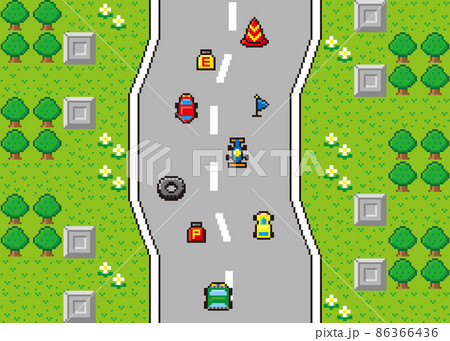 レースゲーム風ドット絵 直線コース 車ありのイラスト素材 [86366436] - PIXTA