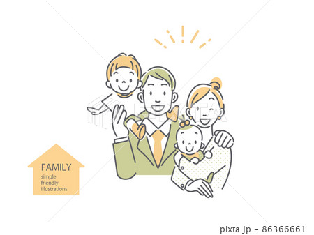 共働きの若い夫婦と子供たち　シンプルでお洒落な線画イラスト 86366661