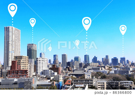 Network connection concept. Aerial view of Tokyo with location pin Network connection concept. Aerial view of Tokyo with location pin 86366800