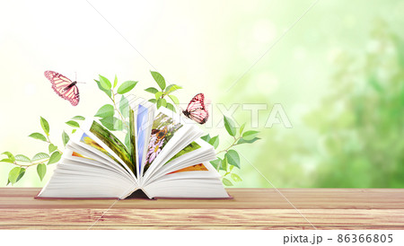 Book of nature. Horizontal banner with book open and two Monarch butterflies on wood table Book of nature. Horizontal banner with book open and two Monarch butterflies on wood table 86366805