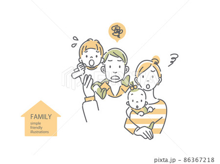 困っている四人家族　シンプルでお洒落な線画イラスト 86367218