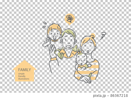 困っている四人家族　シンプルでお洒落な線画イラスト 86367218