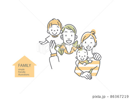 笑顔の仲良し四人家族　シンプルでお洒落な線画イラスト 86367219
