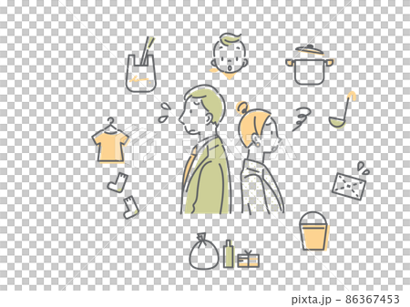 A young couple working together who are worried about housework and childcare. Simple and stylish line art illustrations. 86367453