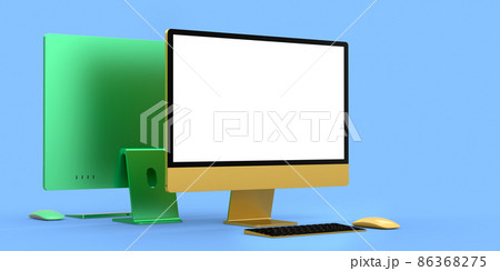 Desktop computer display with keyboard and mouse isolated on blue background 86368275