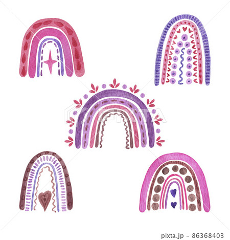 Pink, violet rainbows cute nursery watercolor simple illustration in hand drawn style, trendy children ornament for baby shower, nursery decor, party, cards, invitations, papercraft, positive design 86368403