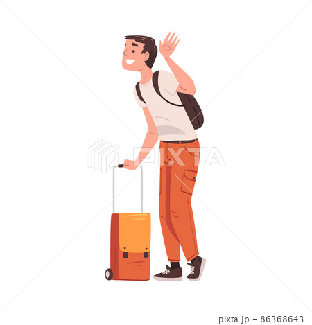Happy Man Character Coming Back and Returning Home Standing with Suitcase Vector Illustration 86368643