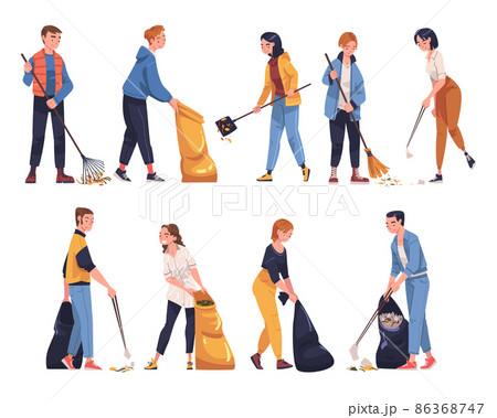 People Character Collecting Garbage in Sack Cleaning Street Vector Illustration Set 86368747