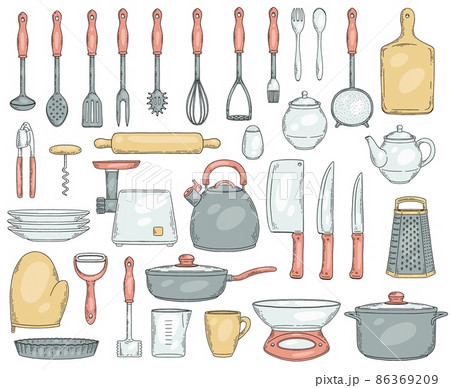 Set of vector colored hand drawn objects of kitchen utensils isolated on white background. Sketch elements for cooking food. Set of vector colored hand drawn objects of kitchen utensils isolated on white background. Sketch elements for cooking food. 86369209