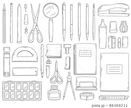 Set of hand drawn black and white stationery for office or school isolated on white background. Vector sketch illustration of objects for study. 86369211