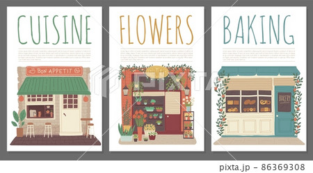 Cafe, flower shop and bakery advertising posters set with copy space for text, flat vector illustration. 86369308