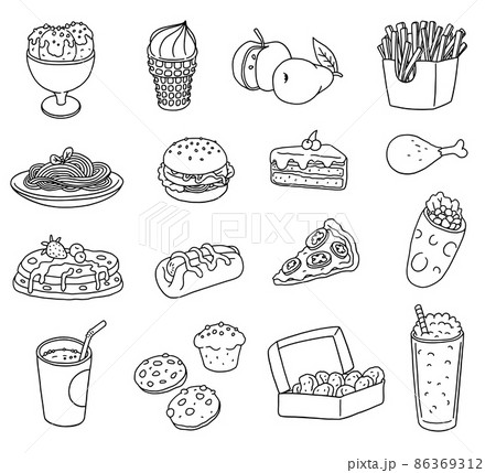 Fast food icons set in outline doodle style, vector illustration isolated on white background. 86369312