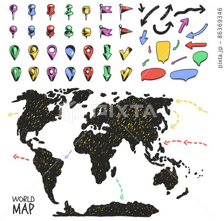 World map hand drawn in doodle sketchy style, complete with pointer pins, tacks, marker flags and direction arrows. 86369346
