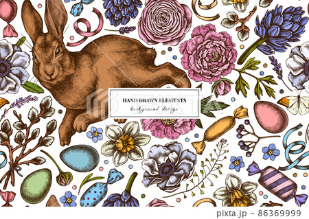 Easter seamless pattern background design. Engraved style. Hand drawn rabbit, eggs, willow branches Easter seamless pattern background design. Engraved style. Hand drawn rabbit, eggs, willow branches 86369999