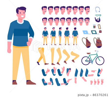 Cartoon male character kit. Man in casual clothes. Human constructor. Guy creating. Face expressions and gestures. Different views. Bicycle and backpack. Vector body animation elements set 86370261
