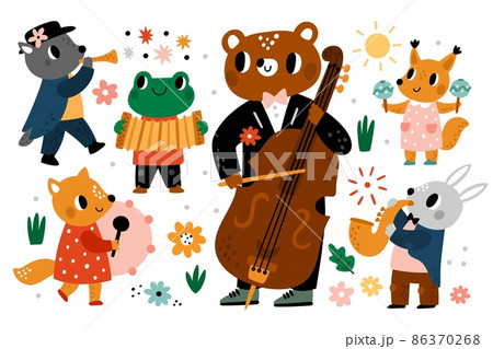 Animals play music. Musicians with instruments. Funny fairy tale characters. Bear double bass player. Hare with saxophone. Trumpeter and drummer. Vector musical orchestra performers set Animals play music. Musicians with instruments. Funny fairy tale characters. Bear double bass player. Hare with saxophone. Trumpeter and drummer. Vector musical orchestra performers set 86370268